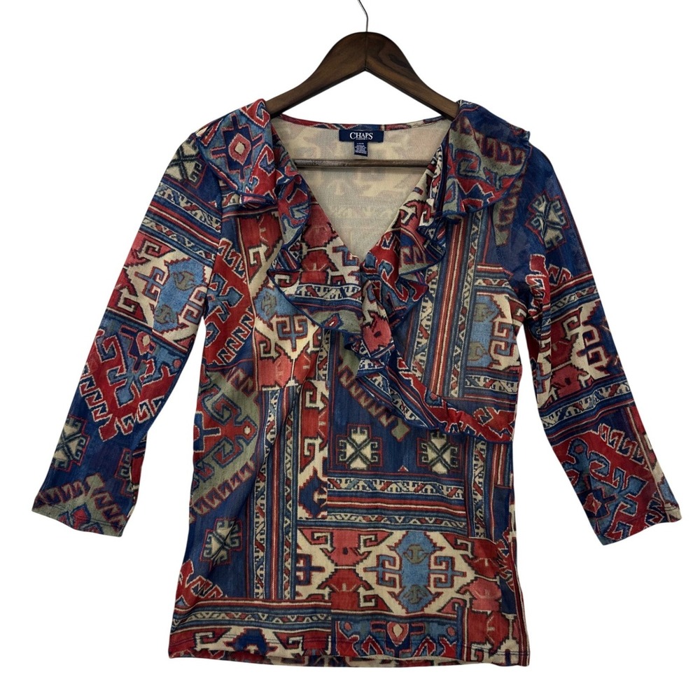 Chaps Denim Mesh Top Womens Large Multicolor Excellent Ruffle V-Neck Tapestry